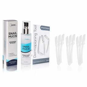 Dermaplane Kit – Dermaplaning Tool & Post-Serum Bundle | Precision Facial Razor for Peach Fuzz & Dead Skin | Hydrating Snail Mucin Serum