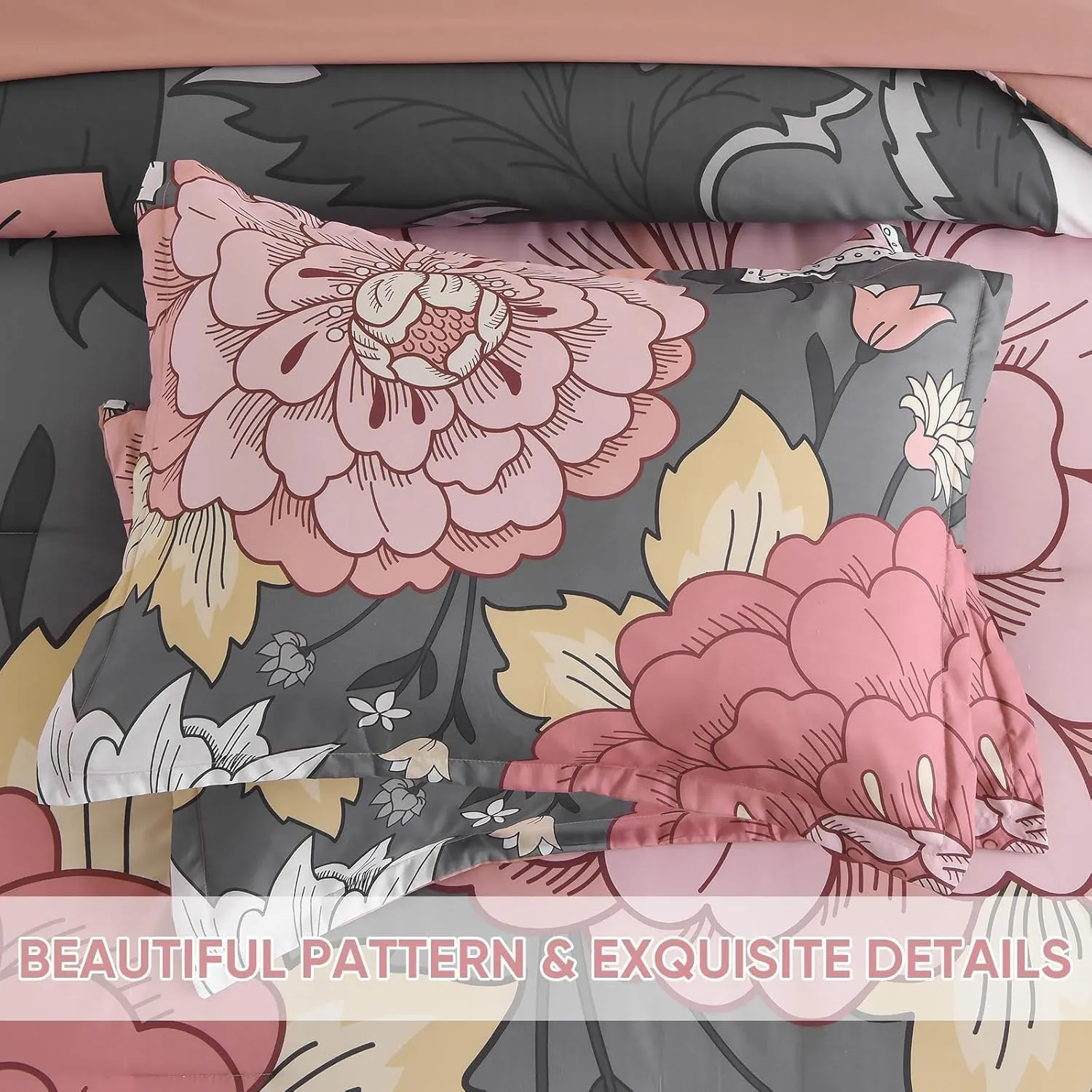 DJY Floral Comforter Set King Size Grey Pink Boho Bed in a Bag, 7 Pieces Blush Botanical Pattern Comforter with Sheet Set, Soft Microfiber Complete Bedding Set (Pink/Grey, 104''x90'')