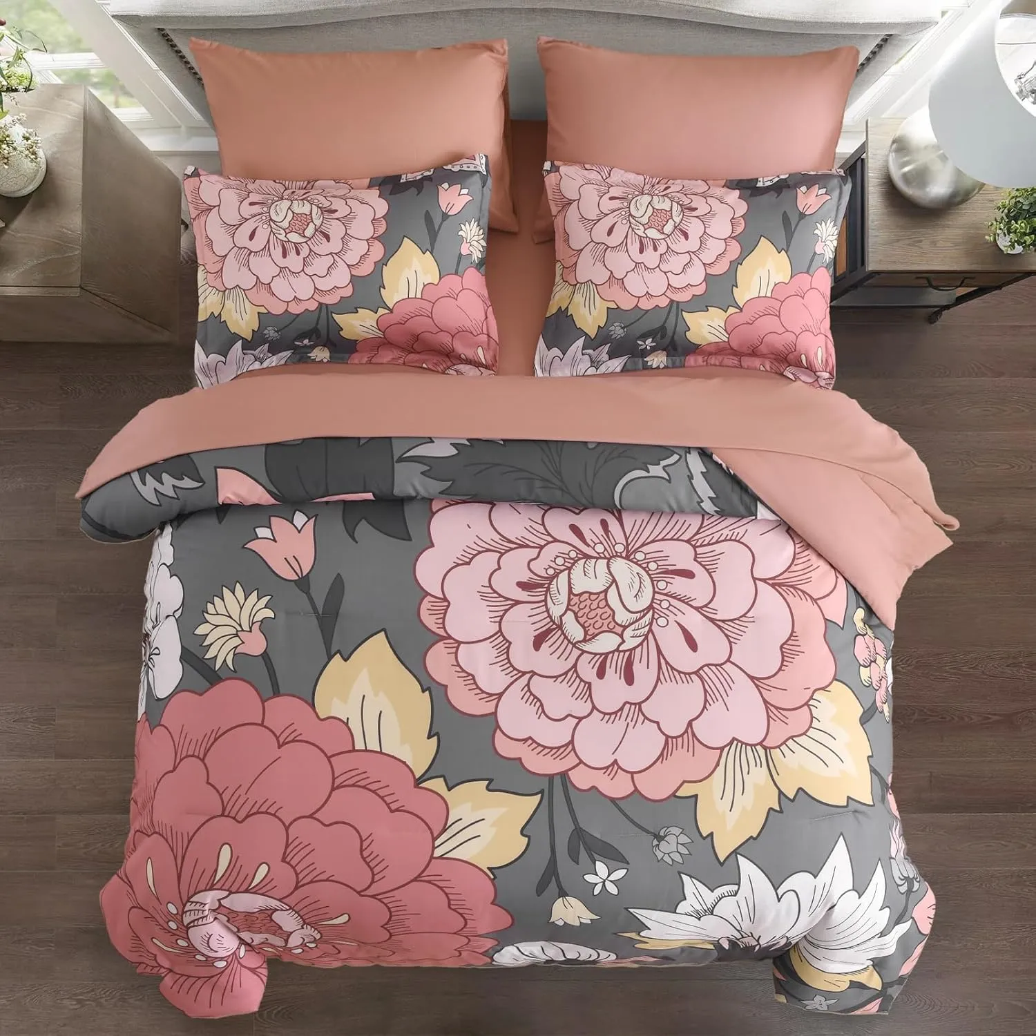 DJY Floral Comforter Set King Size Grey Pink Boho Bed in a Bag, 7 Pieces Blush Botanical Pattern Comforter with Sheet Set, Soft Microfiber Complete Bedding Set (Pink/Grey, 104''x90'')