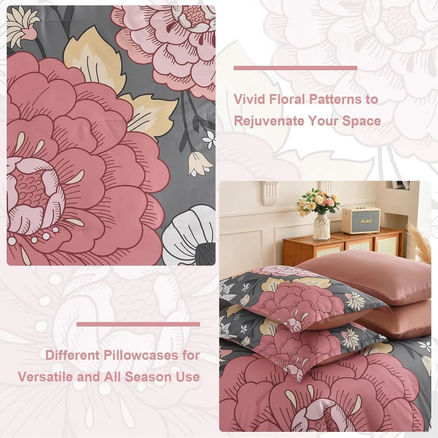 DJY Floral Comforter Set King Size Grey Pink Boho Bed in a Bag, 7 Pieces Blush Botanical Pattern Comforter with Sheet Set, Soft Microfiber Complete Bedding Set (Pink/Grey, 104''x90'')