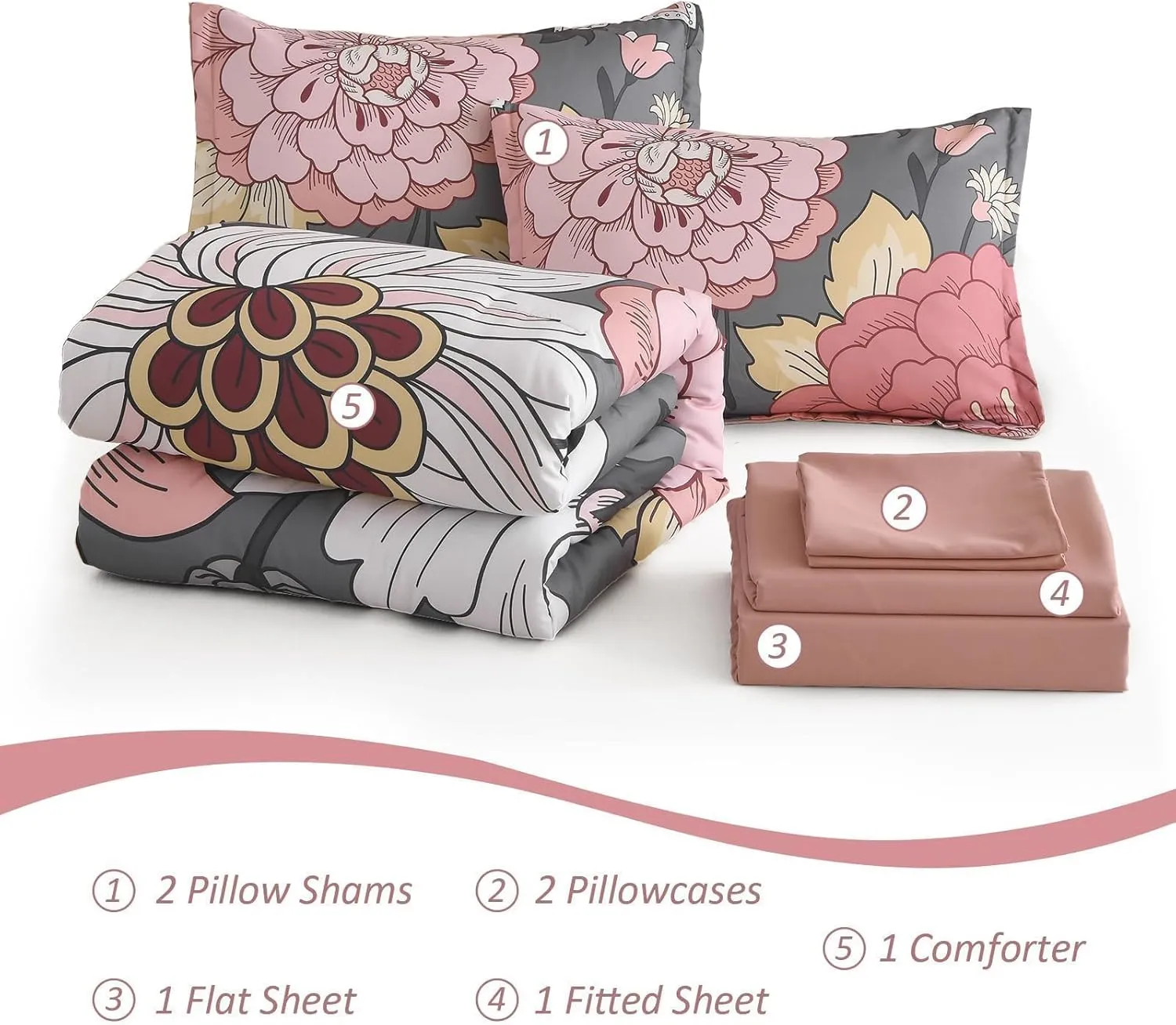 DJY Floral Comforter Set King Size Grey Pink Boho Bed in a Bag, 7 Pieces Blush Botanical Pattern Comforter with Sheet Set, Soft Microfiber Complete Bedding Set (Pink/Grey, 104''x90'')