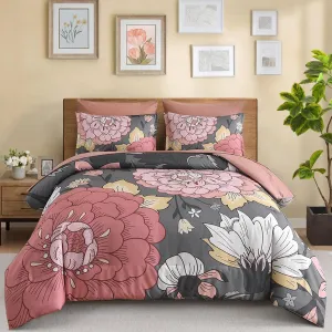 DJY Floral Comforter Set King Size Grey Pink Boho Bed in a Bag, 7 Pieces Blush Botanical Pattern Comforter with Sheet Set, Soft Microfiber Complete Bedding Set (Pink/Grey, 104''x90'')