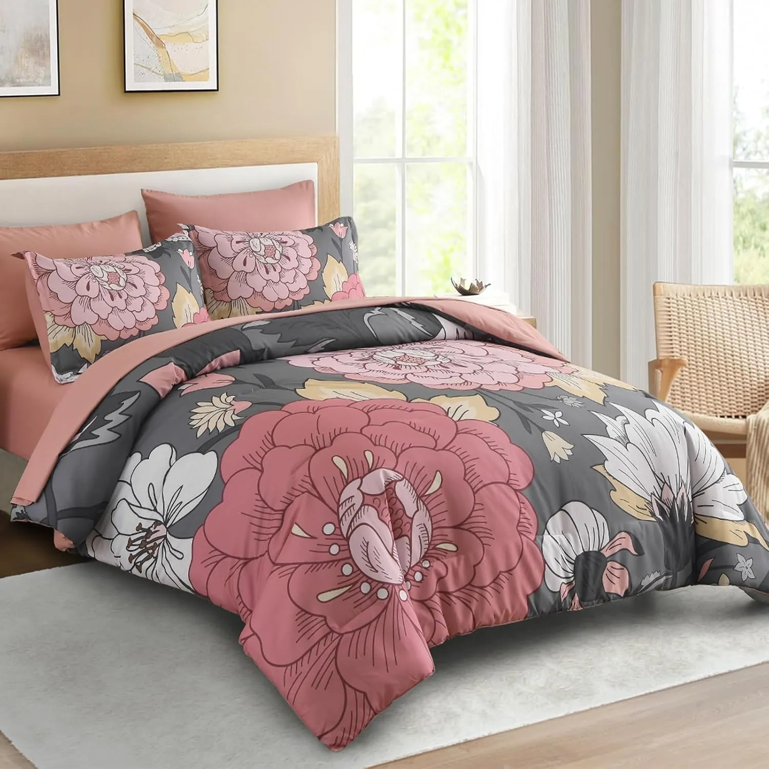 DJY Floral Comforter Set King Size Grey Pink Boho Bed in a Bag, 7 Pieces Blush Botanical Pattern Comforter with Sheet Set, Soft Microfiber Complete Bedding Set (Pink/Grey, 104''x90'')