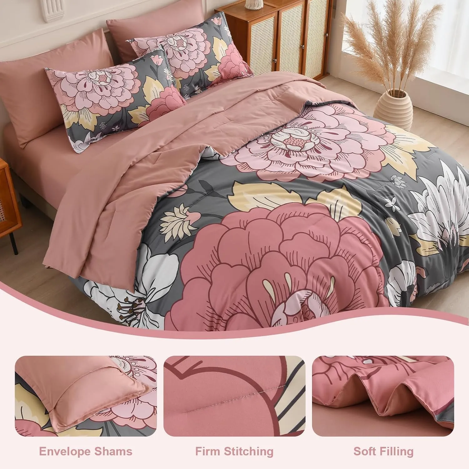 DJY Floral Comforter Set King Size Grey Pink Boho Bed in a Bag, 7 Pieces Blush Botanical Pattern Comforter with Sheet Set, Soft Microfiber Complete Bedding Set (Pink/Grey, 104''x90'')