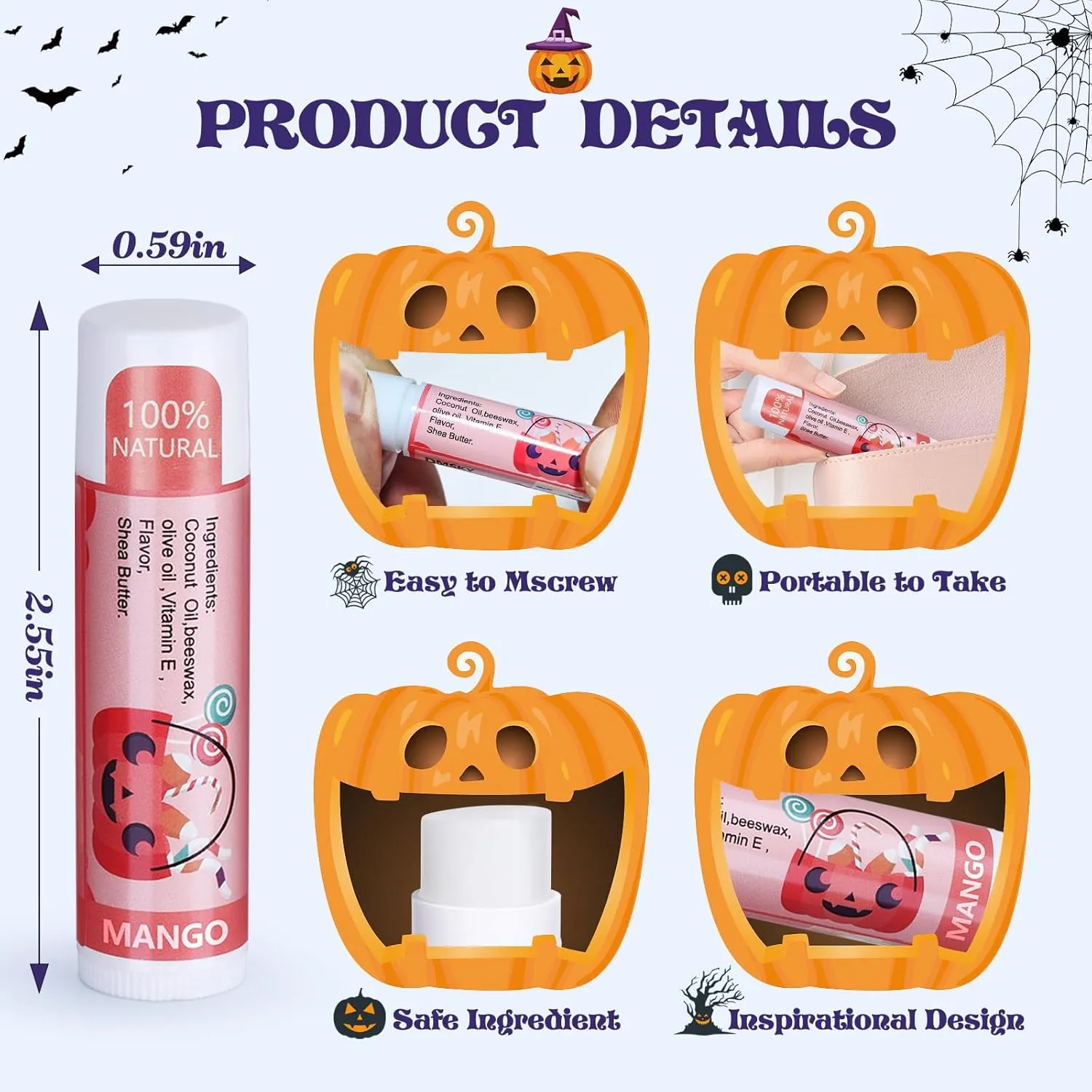 Dmsky Halloween Lip Balm,10 Flavors Natural Lip Balm in Bulk, Moisturizing Lip Balm Stocking Dry Lips, Men Women Kids Party Gifts, Lip Care Set 88 count （4.2g/0.15 Oz)