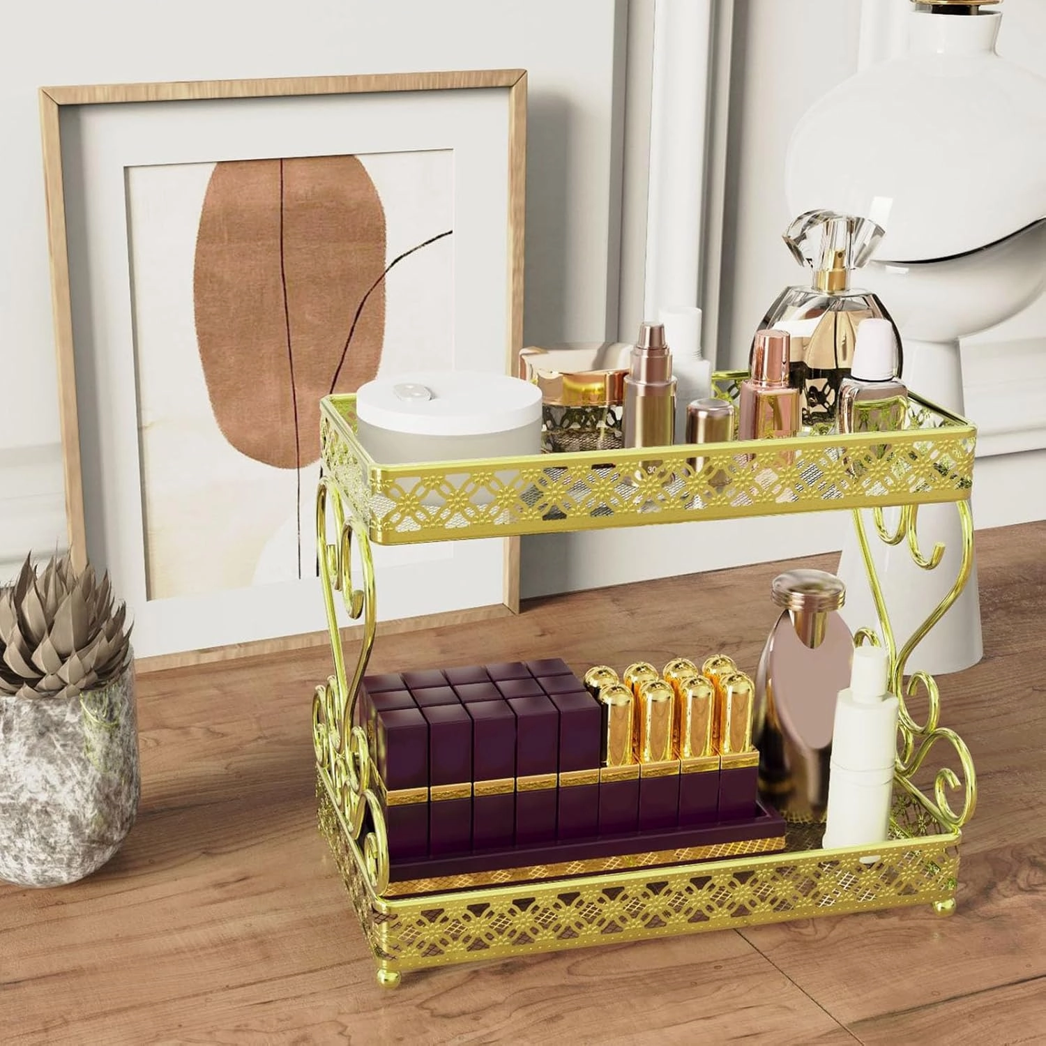 Double Layer Cosmetic Organizer, Large Capacity Makeup Lipstick Storage Rack for Bedroom (Gold)
