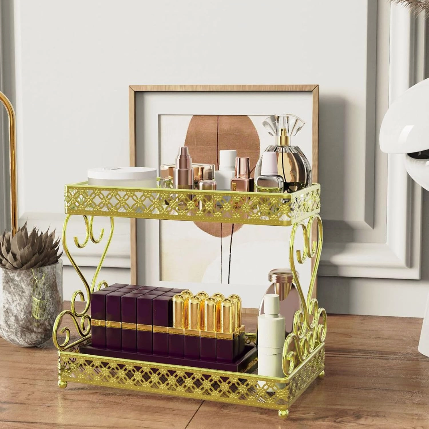 Double Layer Cosmetic Organizer Makeup Lipstick Holder Large Capacity Storage Rack Ideal for Bedrooms (Gold)