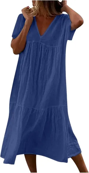 Dresses for Women 2024 Casual Tiered Gradient Summer Flowy Dresses V Neck Short Sleeve Loose Maxi Sundress Dresses