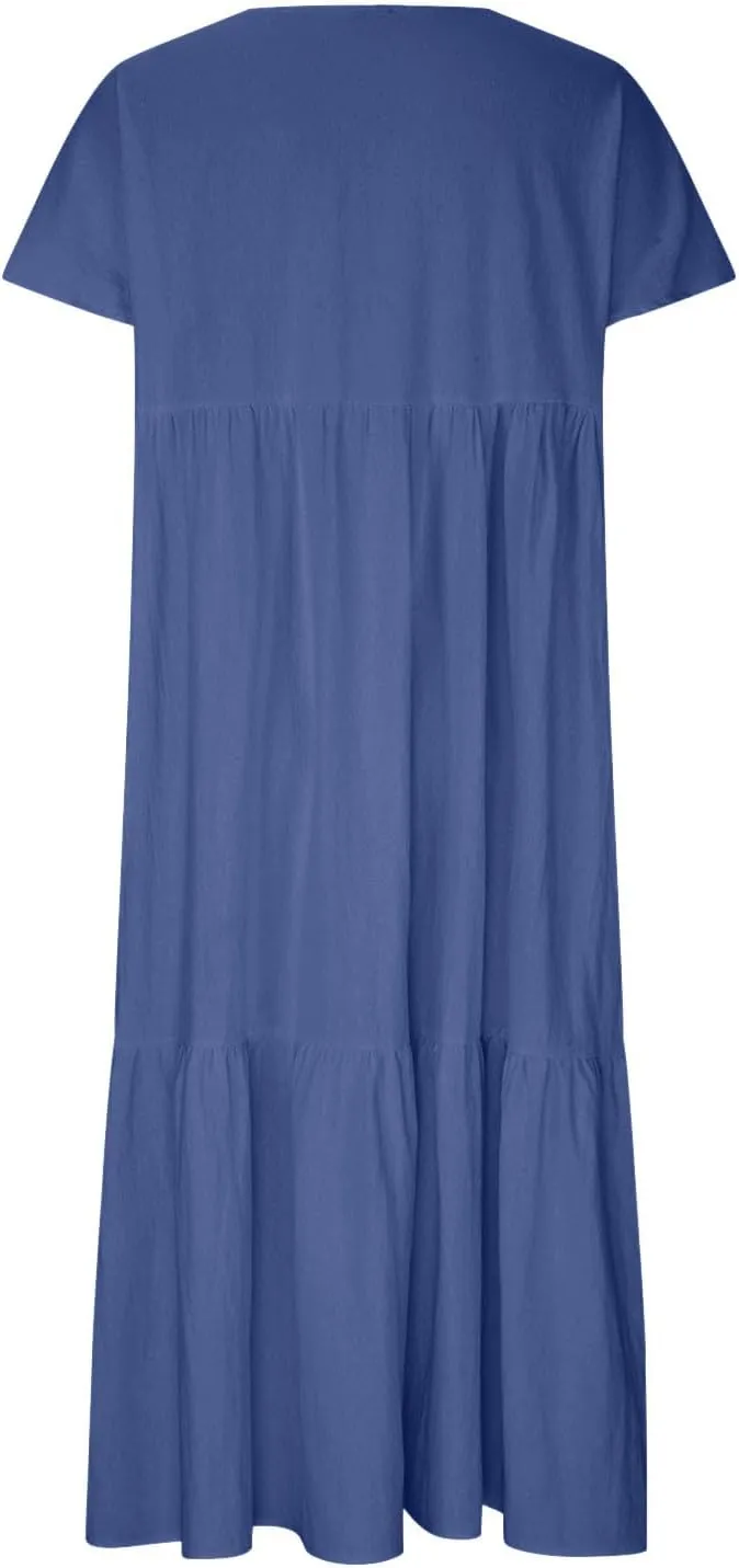 Dresses for Women 2024 Casual Tiered Gradient Summer Flowy Dresses V Neck Short Sleeve Loose Maxi Sundress Dresses