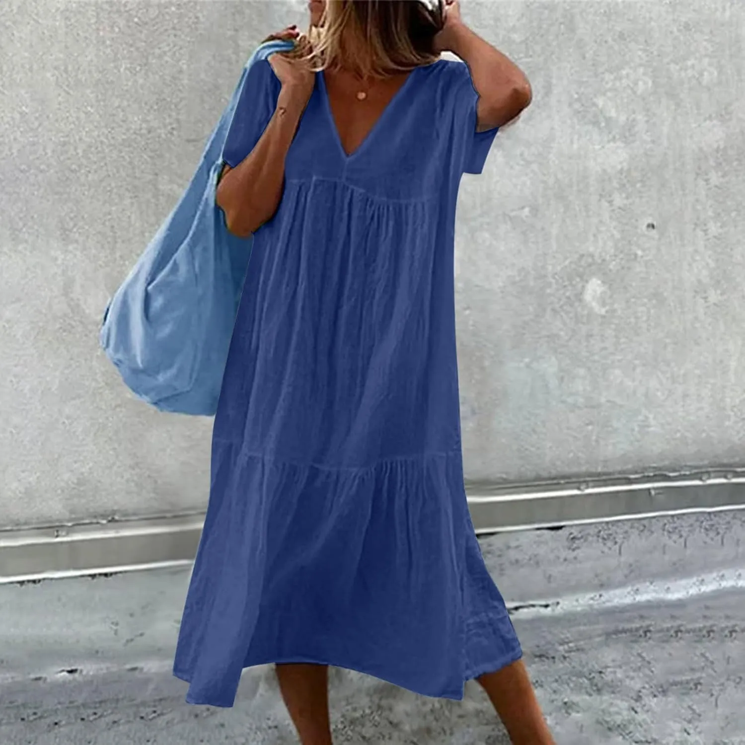 Dresses for Women 2024 Casual Tiered Gradient Summer Flowy Dresses V Neck Short Sleeve Loose Maxi Sundress Dresses