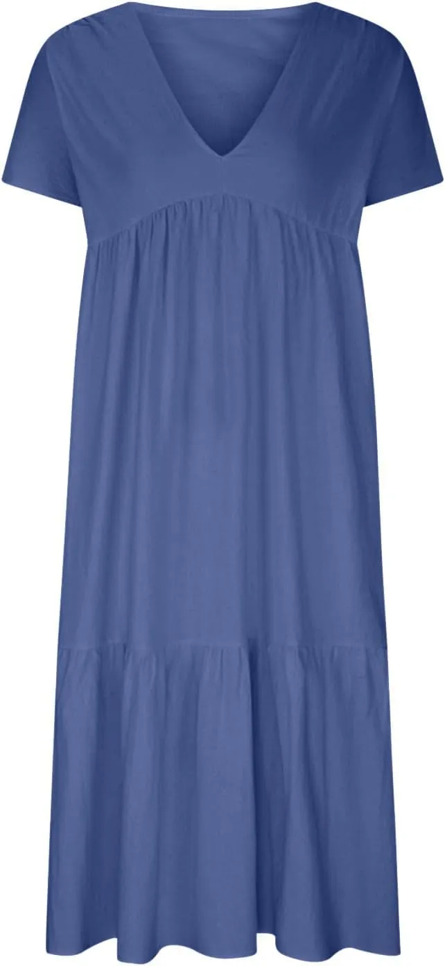 Dresses for Women 2024 Casual Tiered Gradient Summer Flowy Dresses V Neck Short Sleeve Loose Maxi Sundress Dresses