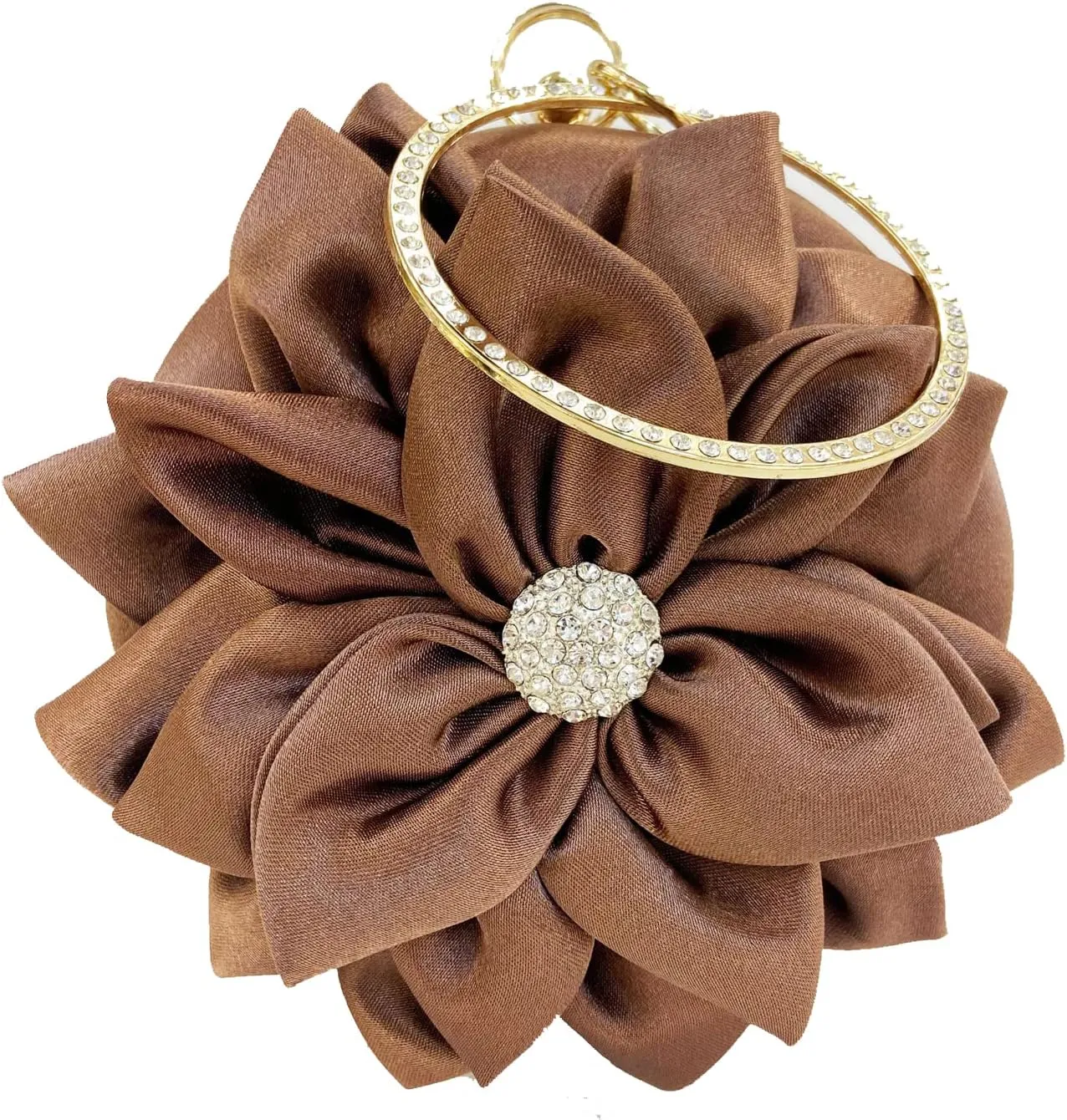 EFTCAL Women Silk Round 3D Rose Flower Handbag,Rhinestone Metal Handle Evening Bag Wedding Party Prom Purse Shoulder Bag