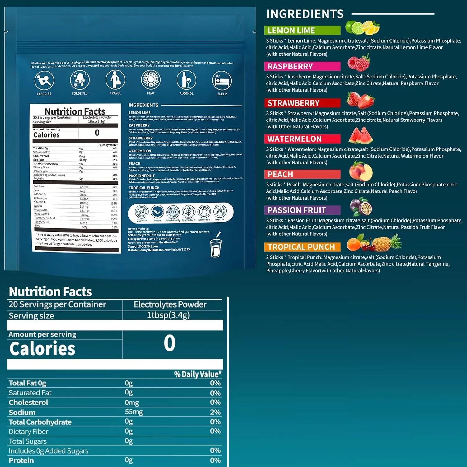 Electrolytes Powder Packets, Hydration Packets, Electrolytes Powder No Sugar, Portable Electrolyte Drink Mix for Rapid Hydration, Sugar Free & Low Sodium | 0 Calorie | 7 Flavors | 20 Sticks