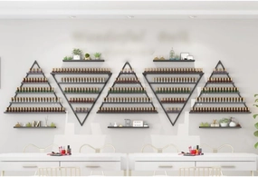 Elegant Wall Mounted Nail Polish Storage Rack Set of 10 Triangular Cosmetic Display Shelves for Essential Oil Bottles, Organize Your Lipsticks and Perfumes in Style at Home or Salon (Black)