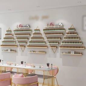 Elegant Wall Mounted Nail Polish Storage Rack Set of 10 Triangular Cosmetic Display Shelves for Essential Oil Bottles, Organize Your Lipsticks and Perfumes in Style at Home or Salon (Gold)