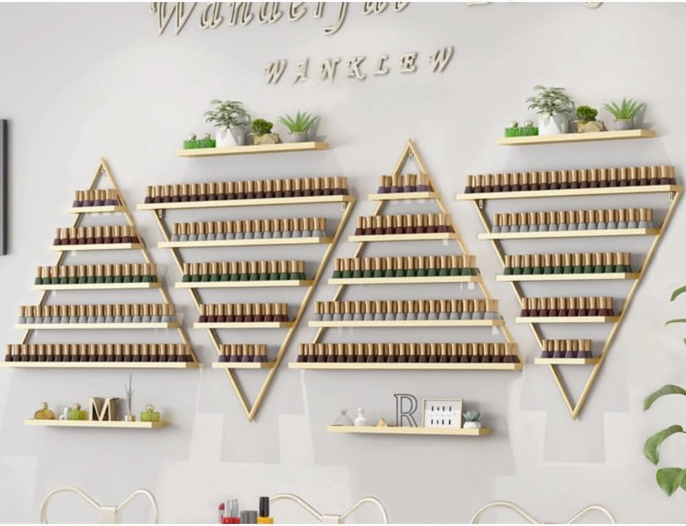 Elegant Wall Mounted Nail Polish Storage Rack Set of 10 Triangular Cosmetic Display Shelves for Essential Oil Bottles, Organize Your Lipsticks and Perfumes in Style at Home or Salon (Gold)