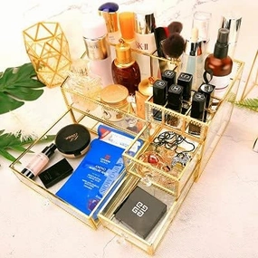 European Retro Skin Care Products Lipstick Drawer Dressing Table Cosmetic Glass Storage Box - (Color: gold edge)