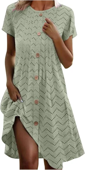 Eyelet T Shirts Dresses for Women Summer Beach Vacation Casual Short Sleeve Crewneck Pleated Button Decor Shirt Dress