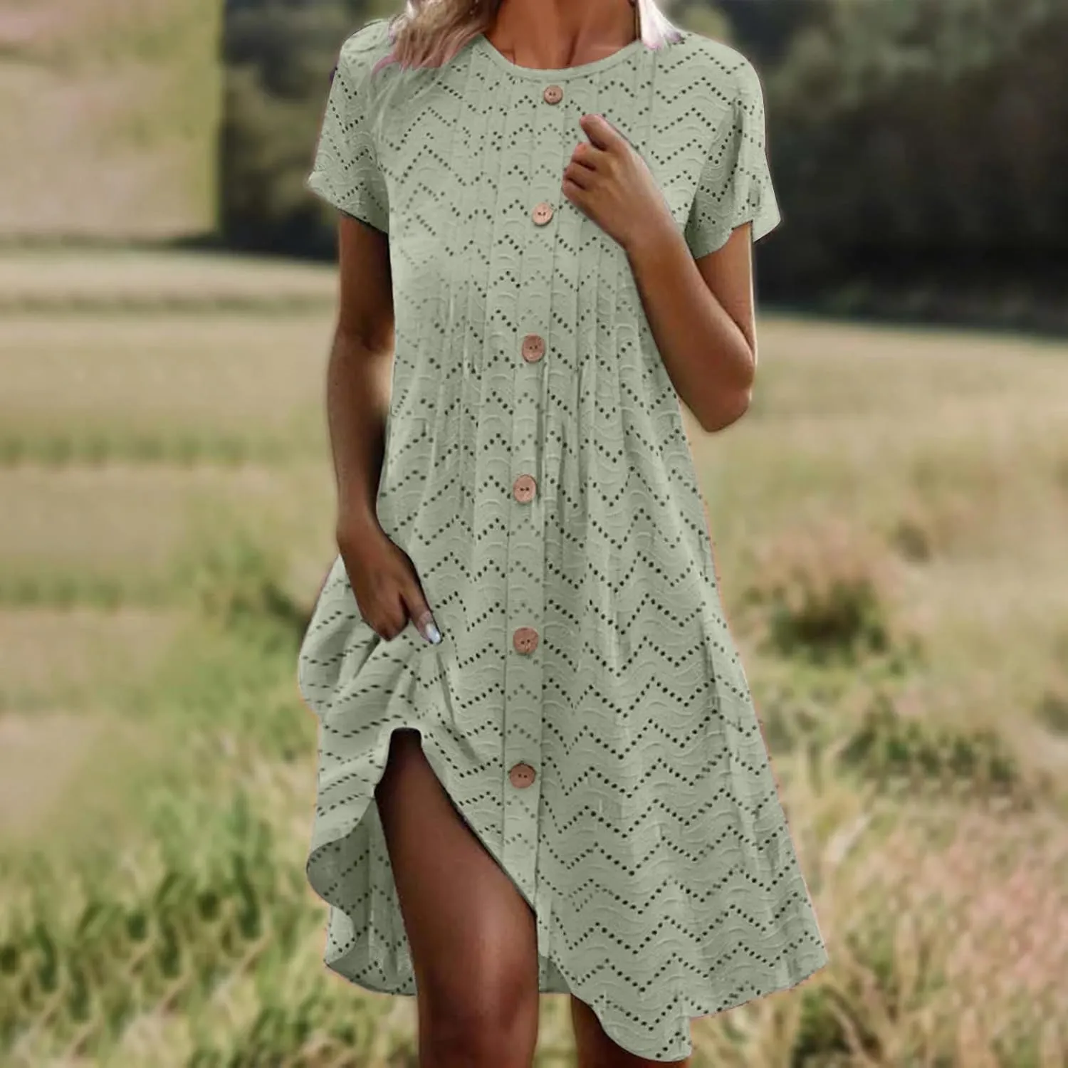 Eyelet T Shirts Dresses for Women Summer Beach Vacation Casual Short Sleeve Crewneck Pleated Button Decor Shirt Dress