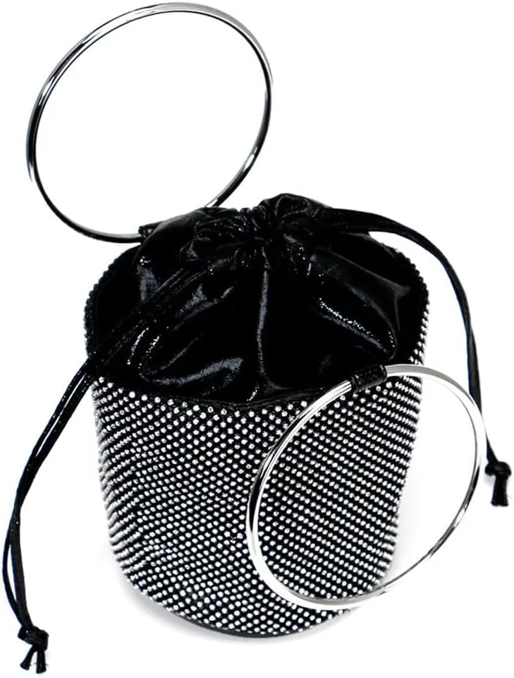 Fashion Frosted Bags Three-dimensional Crystal Bucket Handbags Drawstring Switch Rhinestones Purses for Women Evening Bags Black