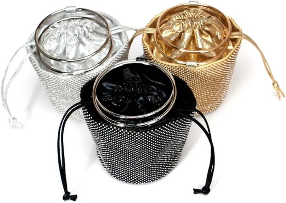 Fashion Frosted Bags Three-dimensional Crystal Bucket Handbags Drawstring Switch Rhinestones Purses for Women Evening Bags Black