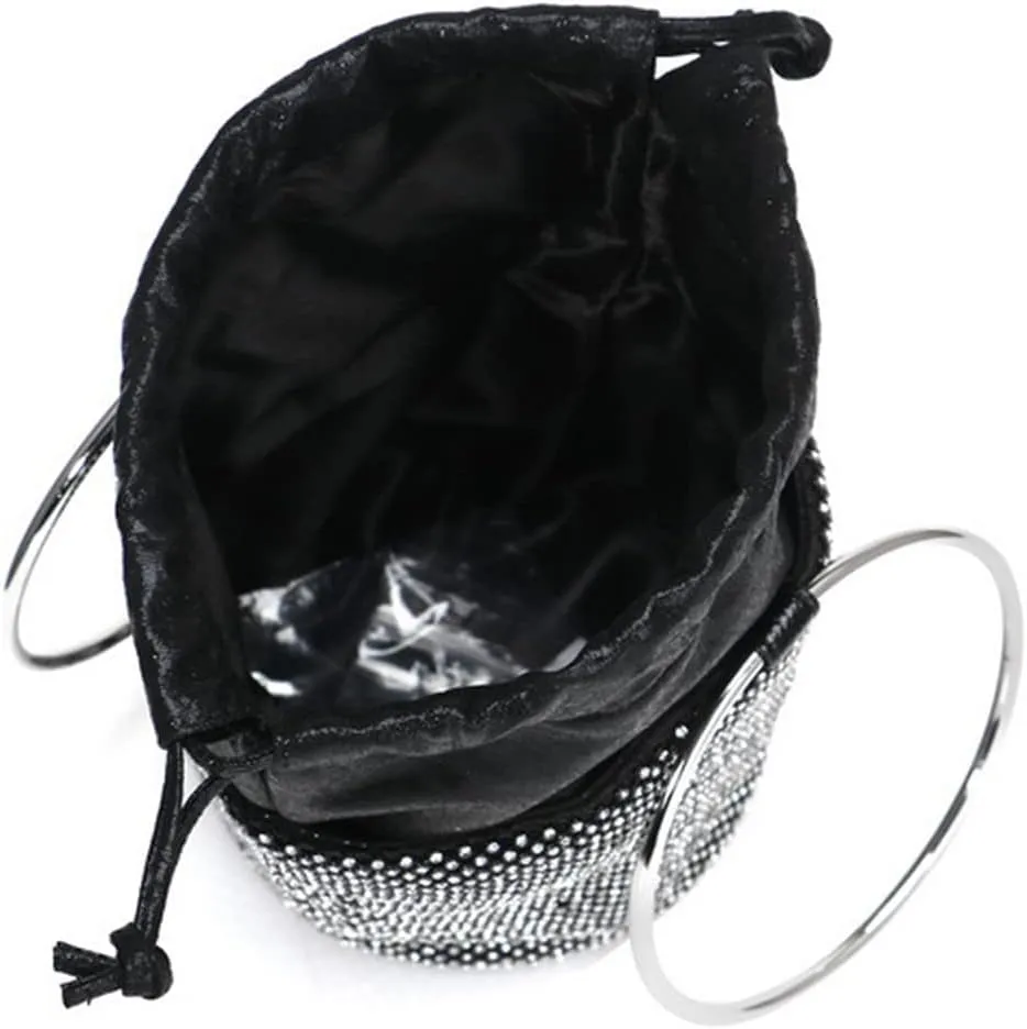 Fashion Frosted Bags Three-dimensional Crystal Bucket Handbags Drawstring Switch Rhinestones Purses for Women Evening Bags Black
