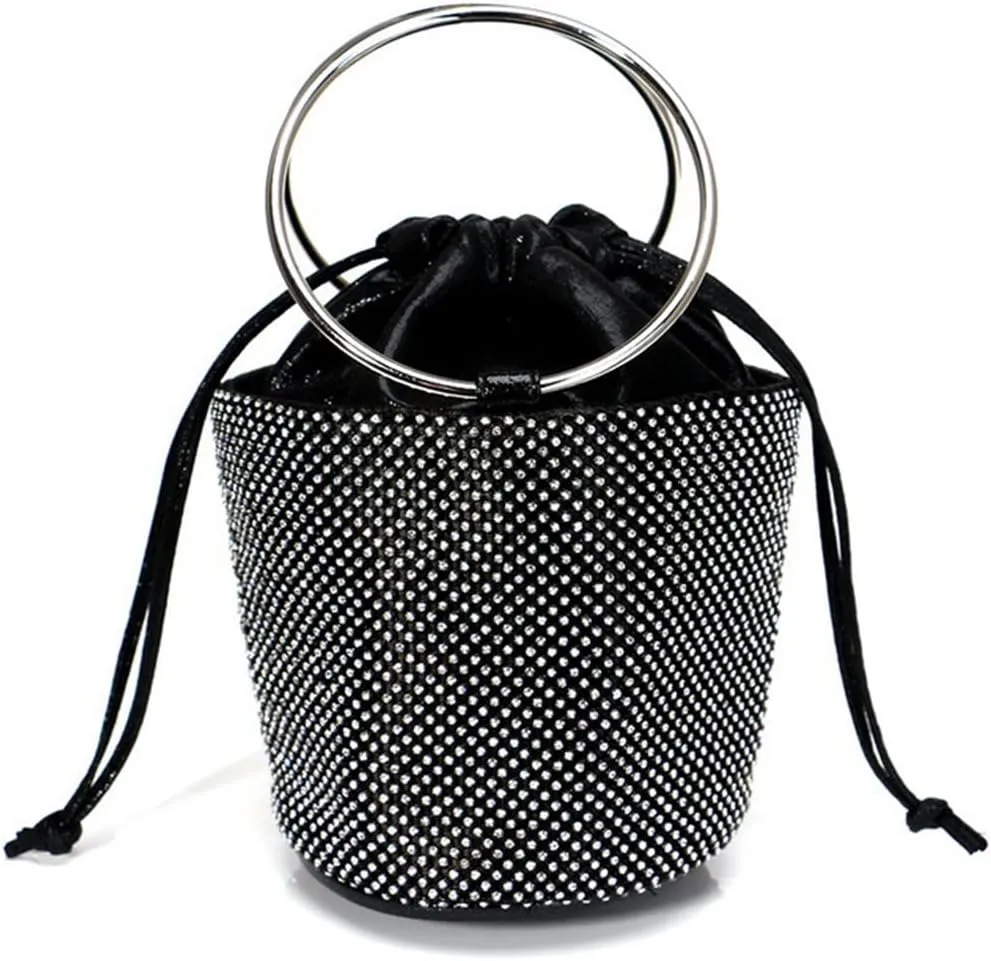 Fashion Frosted Bags Three-dimensional Crystal Bucket Handbags Drawstring Switch Rhinestones Purses for Women Evening Bags Black