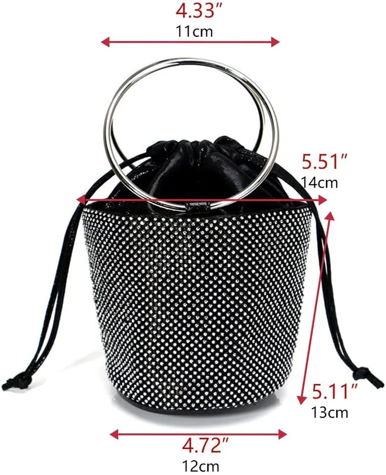Fashion Frosted Bags Three-dimensional Crystal Bucket Handbags Drawstring Switch Rhinestones Purses for Women Evening Bags Black