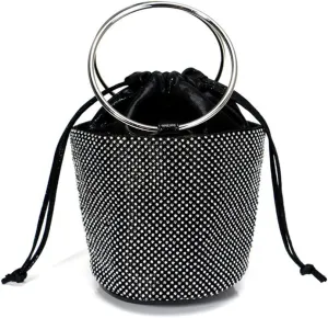 Fashion Frosted Bags Three-dimensional Crystal Bucket Handbags Drawstring Switch Rhinestones Purses for Women Evening Bags Black