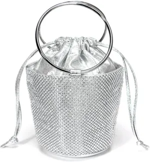 Fashion Frosted Bags Three-dimensional Crystal Bucket Handbags Drawstring Switch Rhinestones Purses for Women Evening Bags Silver