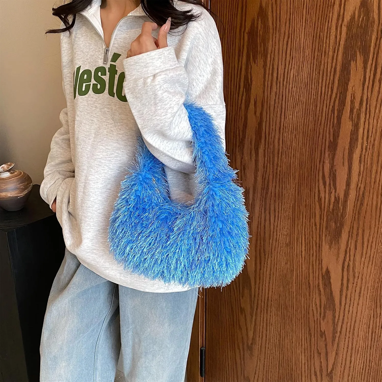 Faux Fur Fluffy Hobo Bag Furry Handbag Purse Y2K Fuzzy Tote Bag,Trendy Cute Plush Purse for Women
