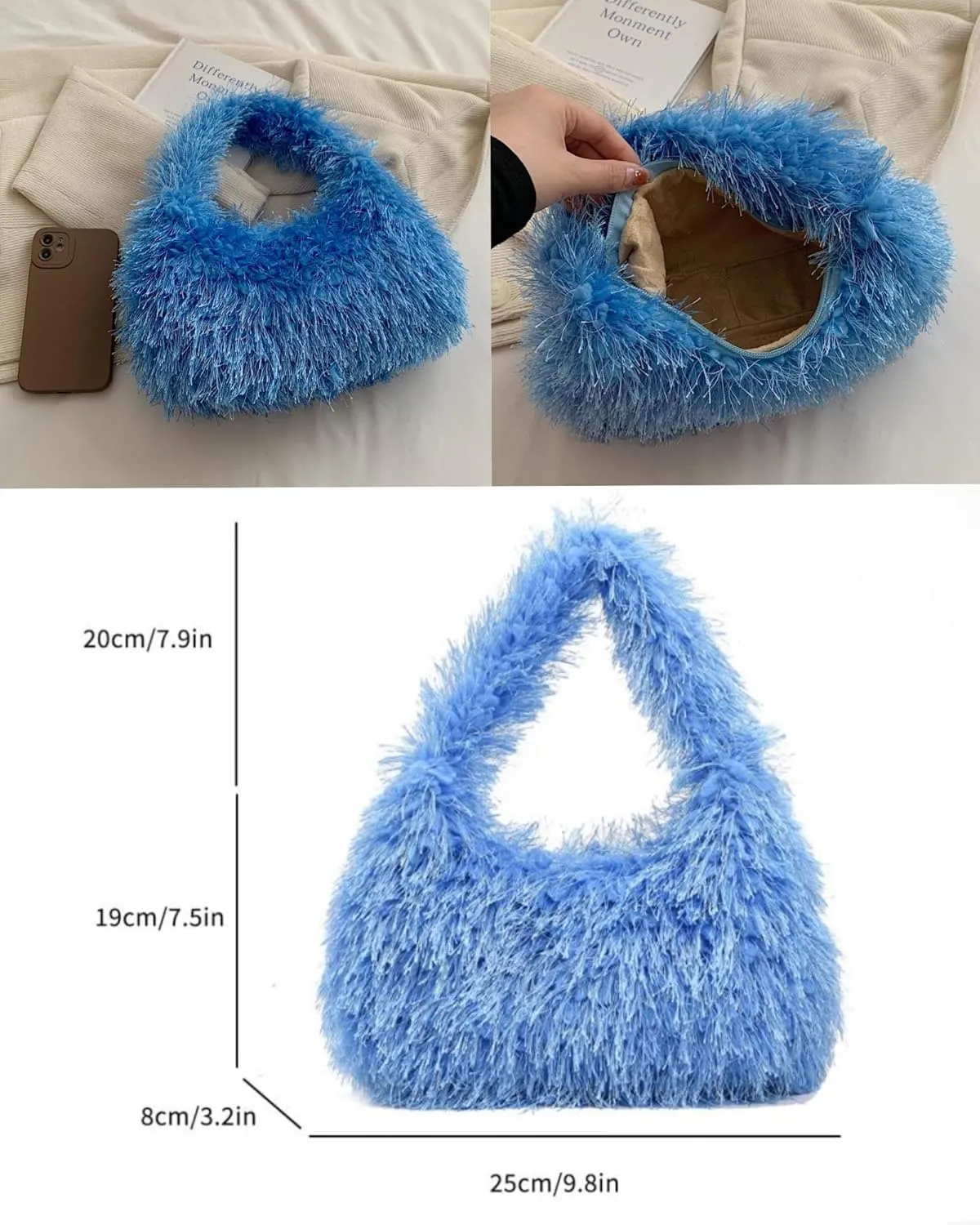 Faux Fur Fluffy Hobo Bag Furry Handbag Purse Y2K Fuzzy Tote Bag,Trendy Cute Plush Purse for Women