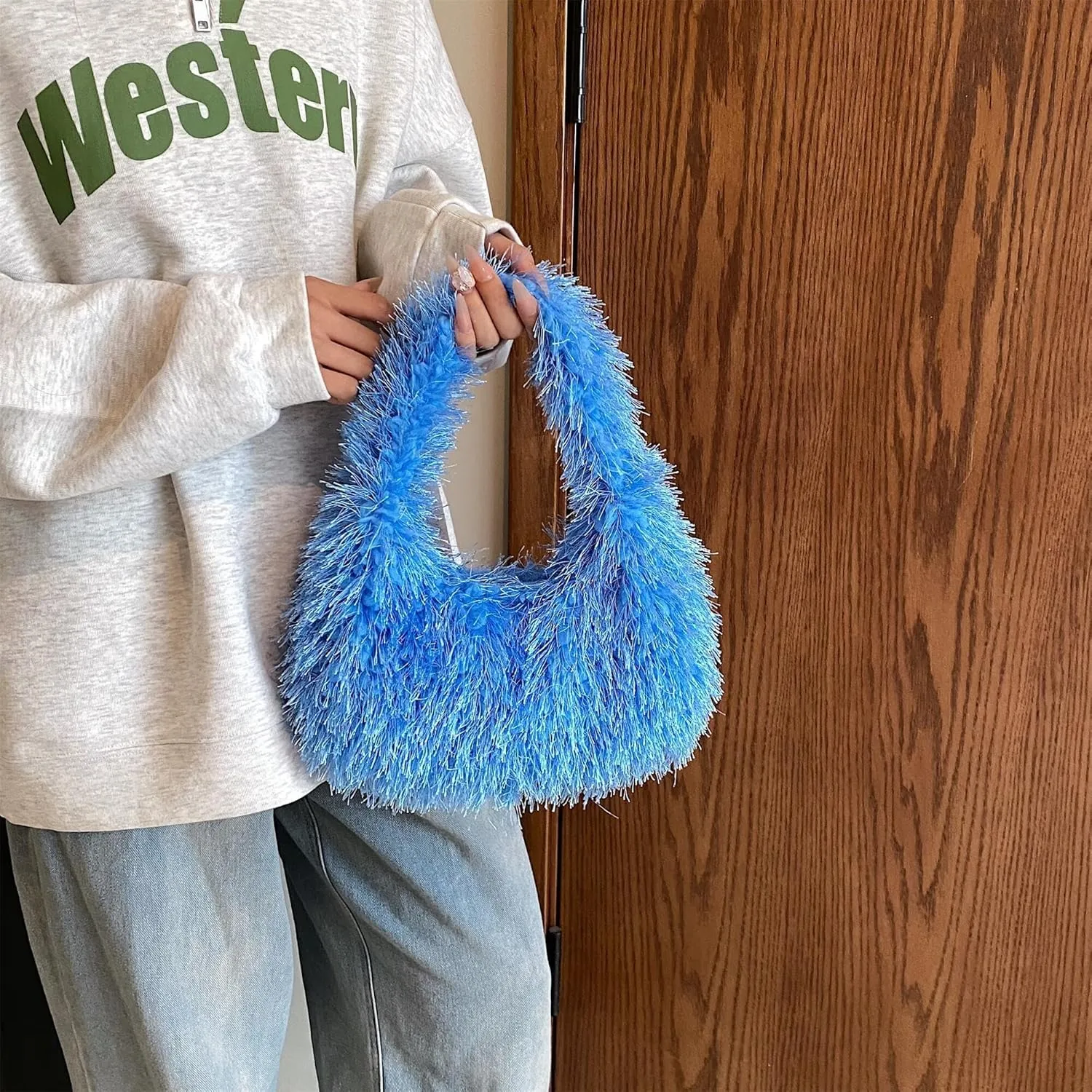 Faux Fur Fluffy Hobo Bag Furry Handbag Purse Y2K Fuzzy Tote Bag,Trendy Cute Plush Purse for Women