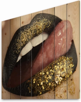 Female Lips Black Lipstick And Gold Sequins Modern & Contemporary Wood Wall Decor, Gold Wood Wall Art, Large People Wood Wall Panels Printed On Natural Pine Wood Art
