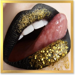 Female Lips Black Lipstick and Gold Sequins Modern Framed Wall Art