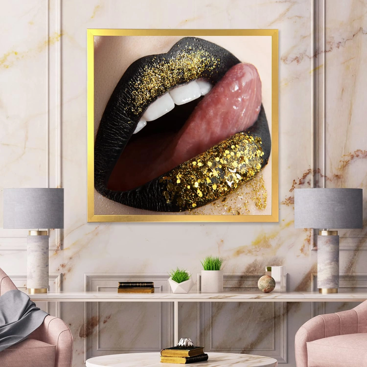 Female Lips Black Lipstick and Gold Sequins Modern Framed Wall Art