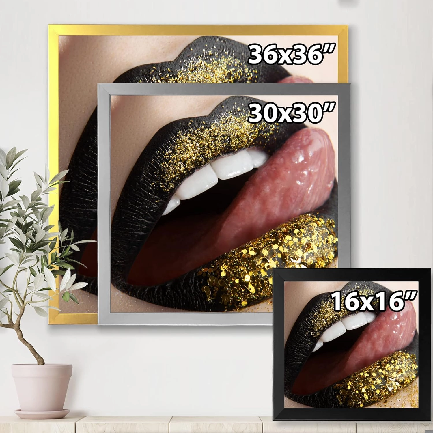 Female Lips Black Lipstick and Gold Sequins Modern Framed Wall Art