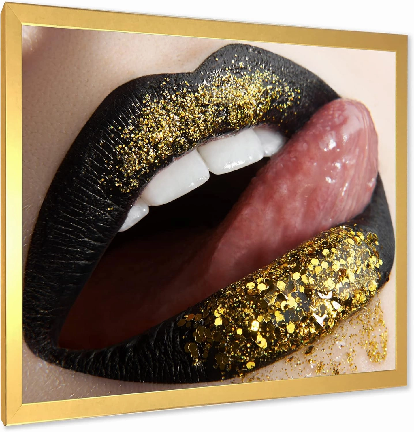 Female Lips Black Lipstick and Gold Sequins Modern Framed Wall Art