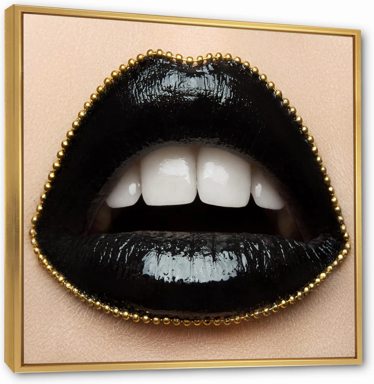 Female Lips With Black Lipstick & A Gold Chain - Modern Framed Canvas Wall Art Print