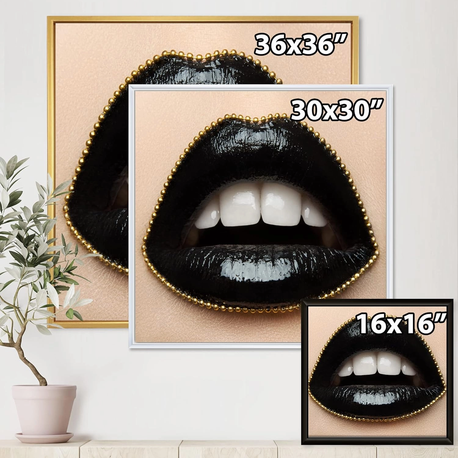 Female Lips With Black Lipstick & A Gold Chain - Modern Framed Canvas Wall Art Print