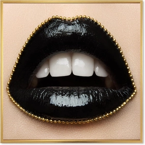 Female Lips With Black Lipstick & A Gold Chain - Modern Framed Canvas Wall Art Print