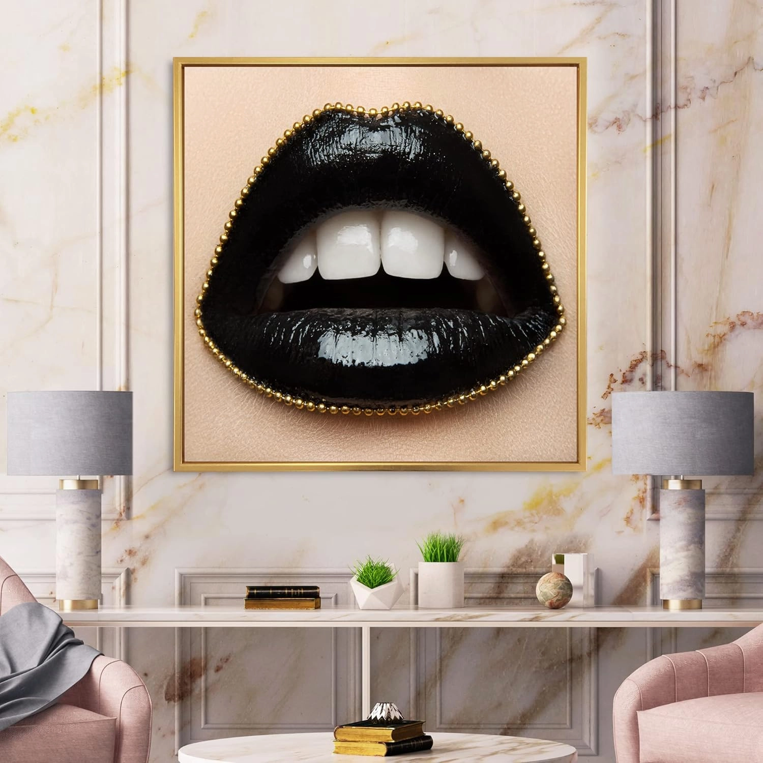 Female Lips With Black Lipstick & A Gold Chain - Modern Framed Canvas Wall Art Print