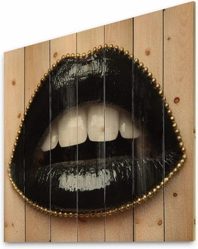 Female Lips With Black Lipstick & A Gold Chain Modern & Contemporary Wood Wall Decor, Black Wood Wall Art, Large People Wood Wall Panels Printed On Natural Pine Wood Art
