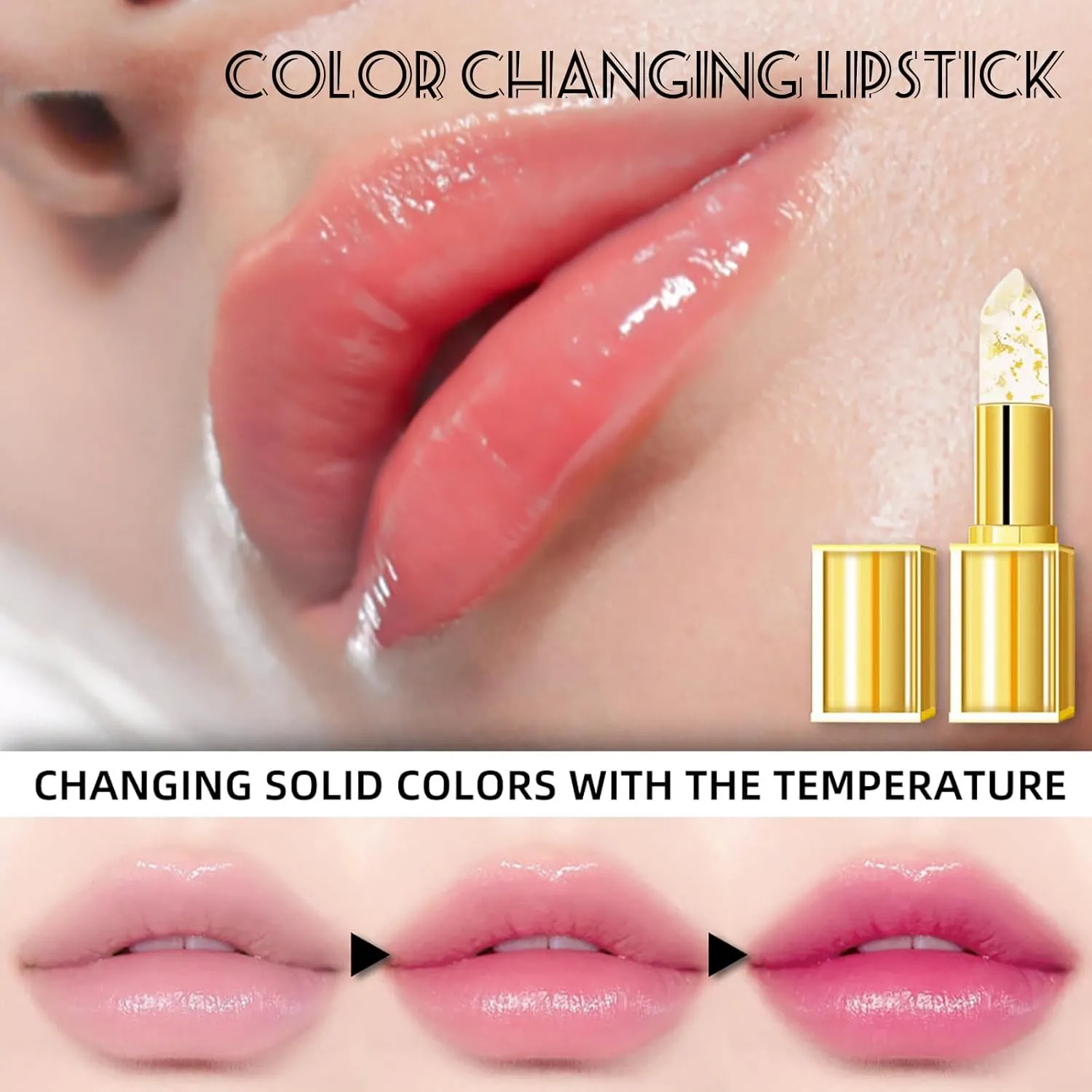 Fenvio Lipstick, Transferproof Gold Crystal Color Changing Lipstick, Long Lasting 24 Hours Moisturizing Glossy Shine Lip Gloss (2pcs)