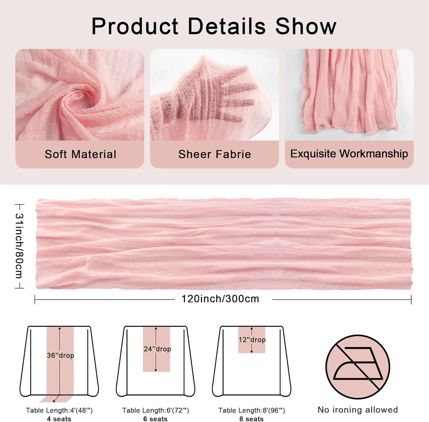FEXIA 3 Pack Pink Table Runner 30x118 Inches for Spring Decor Dusty Pink Cheesecloth Table Runner for Tea Party Decorations Gauze for Wedding Baby Shower Bridal Shower First Communion and Home Decor