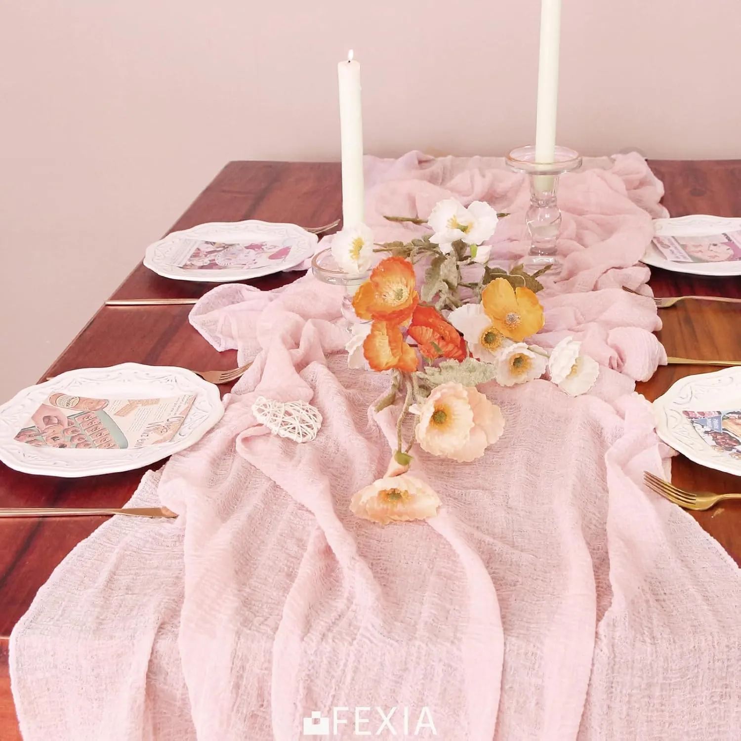FEXIA 3 Pack Pink Table Runner 30x118 Inches for Spring Decor Dusty Pink Cheesecloth Table Runner for Tea Party Decorations Gauze for Wedding Baby Shower Bridal Shower First Communion and Home Decor