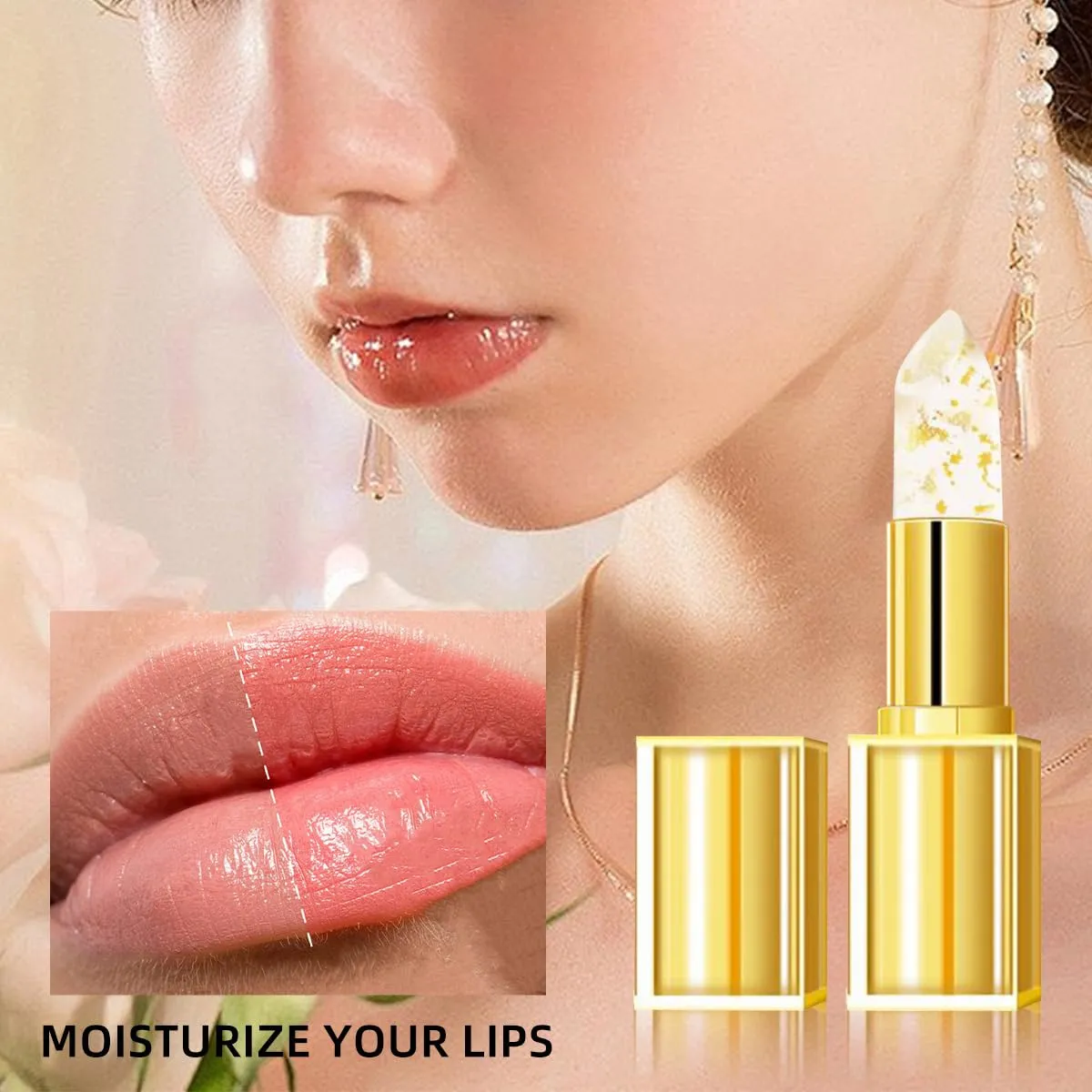 Filgaentrme Lipstick,Hardpointing Remainder Transferproof Crystal Clear Color Changing Lipstick,Beneficial Lip Stain Crystal PH Color Changing Gold Foil Deep Moisturizing For Women (1pcs)