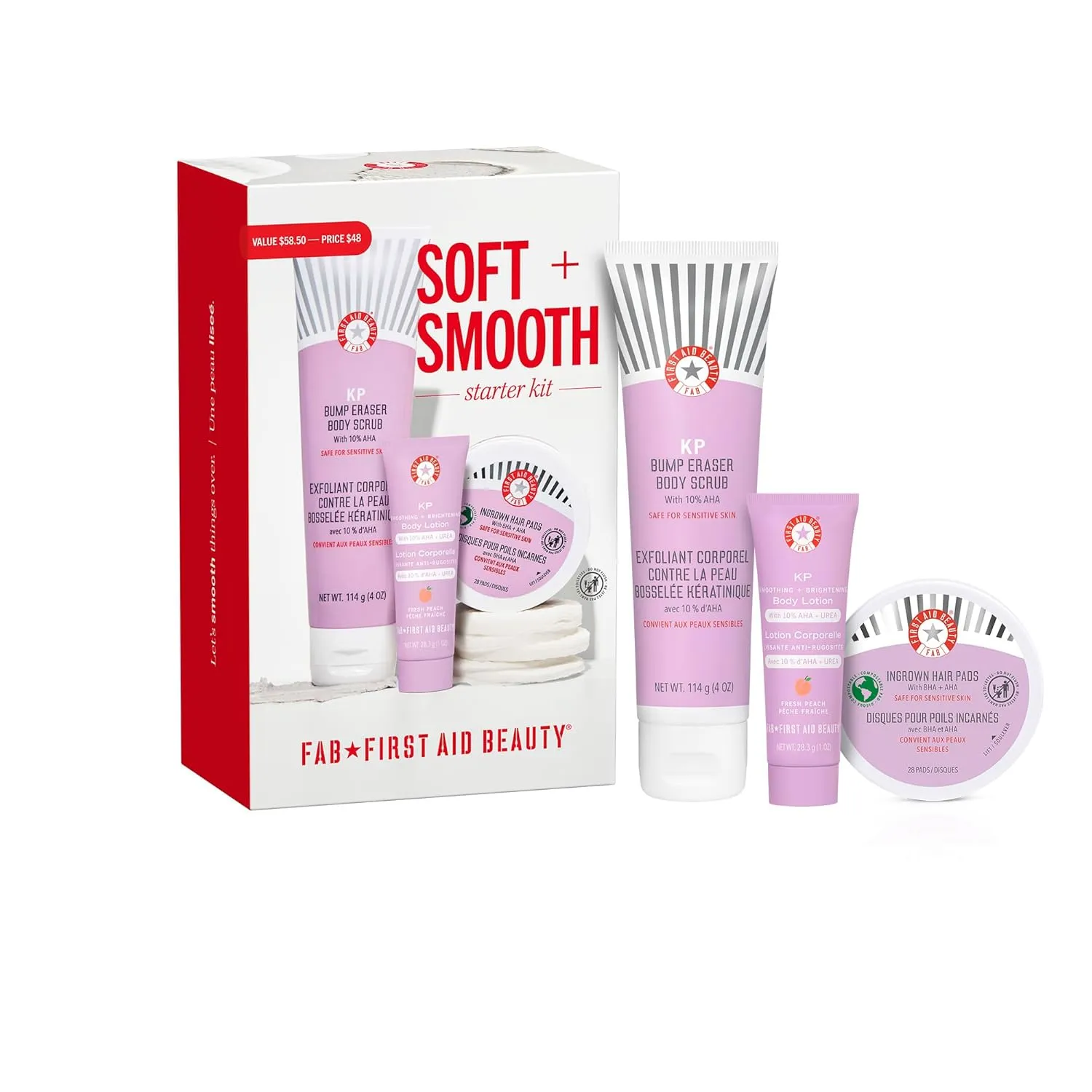 First Aid Beauty Soft   Smooth Starter Body Kit: KP Bump Eraser Body Scrub, 4 oz, Smoothing   Brightening Lotion (Peach), 1oz, & Ingrown Hair Pads, 28 Pads, Exfoliation & Hydrating Skin Care Set, 3ct