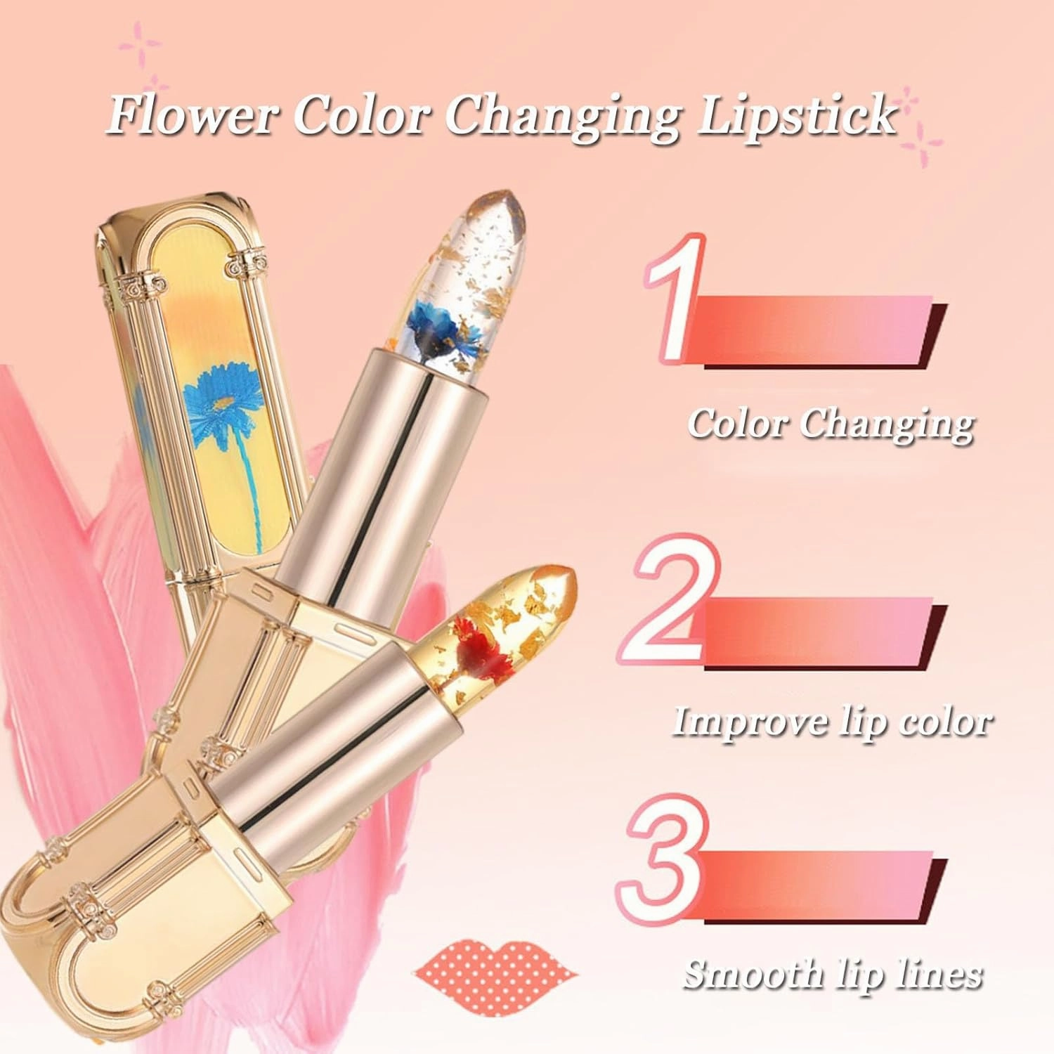 Flower Color Changing Lipstick, Yulyoie Lipstick, Gold Foil Flower Color Changing Lipstick, Color Changing Lipstick, Crystal Jelly Flower Color Changing Lipstick (4PCS)