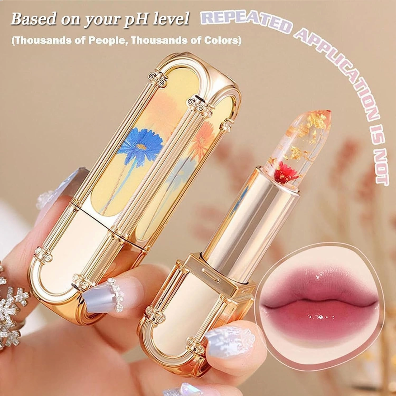 Flower Color Changing Lipstick, Yulyoie Lipstick, Gold Foil Flower Color Changing Lipstick, Color Changing Lipstick, Crystal Jelly Flower Color Changing Lipstick (4PCS)